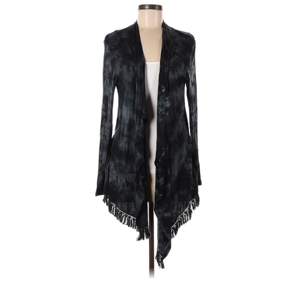 American Age Open Front Boho Fringe Acid Wash Black Tie Dye Cardigan Sz Small - Picture 2 of 16